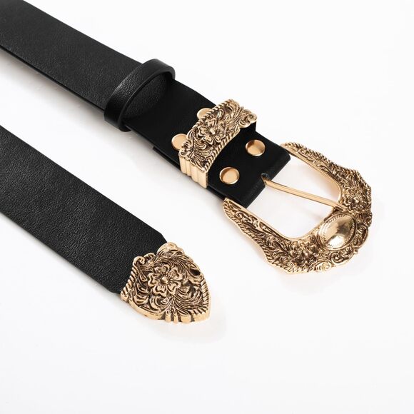 Women Black Cowgirl Belt Renaissance Country Western Leather Belts Pure Black😎 - Picture 4 of 6